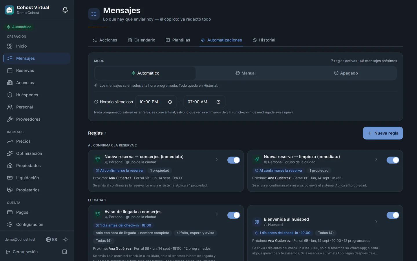 Pestaña Automatizaciones en la computadora: modo Automático, horario silencioso y las reglas agrupadas por momento de la estadía, cada una con su próximo envío