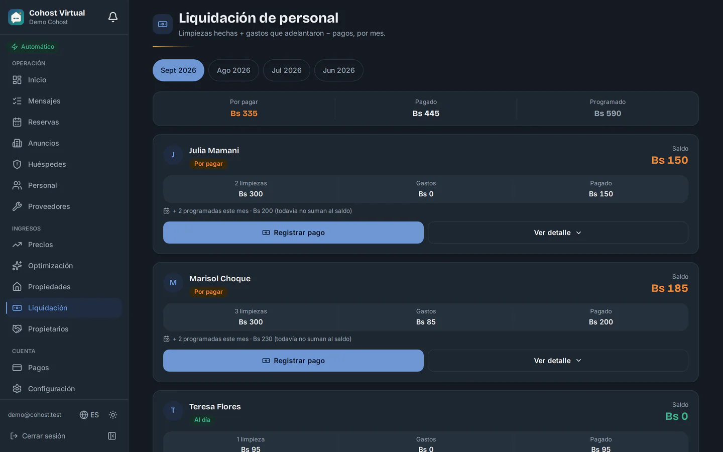 Liquidación de personal en la computadora: por pagar, pagado y programado del mes, y el saldo de cada persona de limpieza con sus limpiezas, gastos y pagos