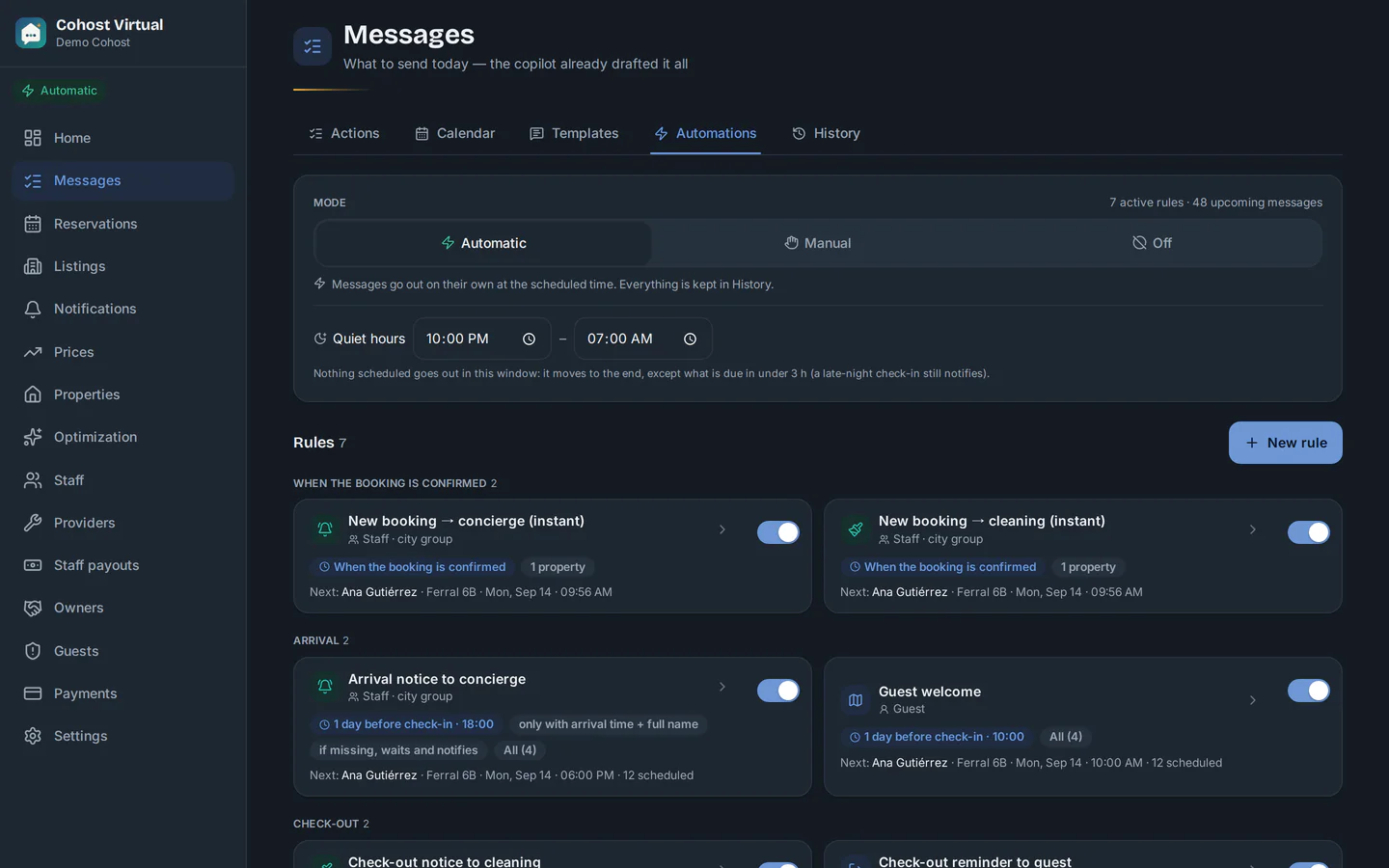 Automations tab on a computer: Automatic mode, quiet hours and rules grouped by stage of the stay, each with its next send