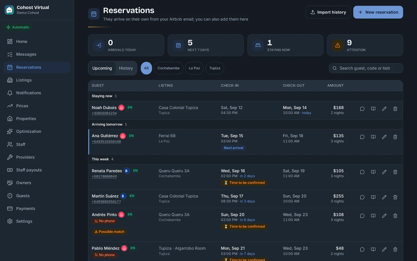 Bookings screen on a computer: list grouped by currently staying, arriving tomorrow and this week, with Airbnb and Booking together and Andrés Pinto's booking flagged as a possible match