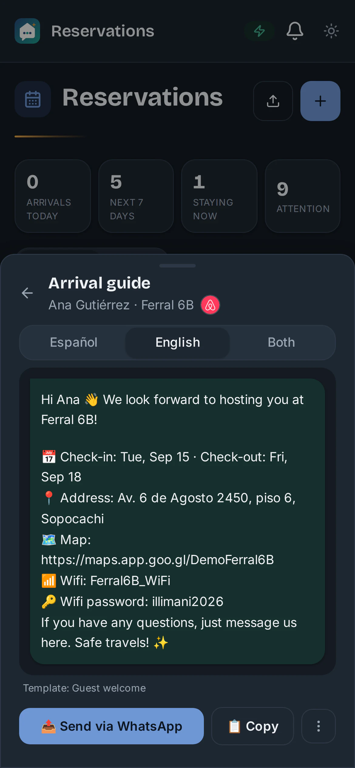 Arrival guide for Ana Gutiérrez ready to send on WhatsApp, with a Spanish, English or Both selector