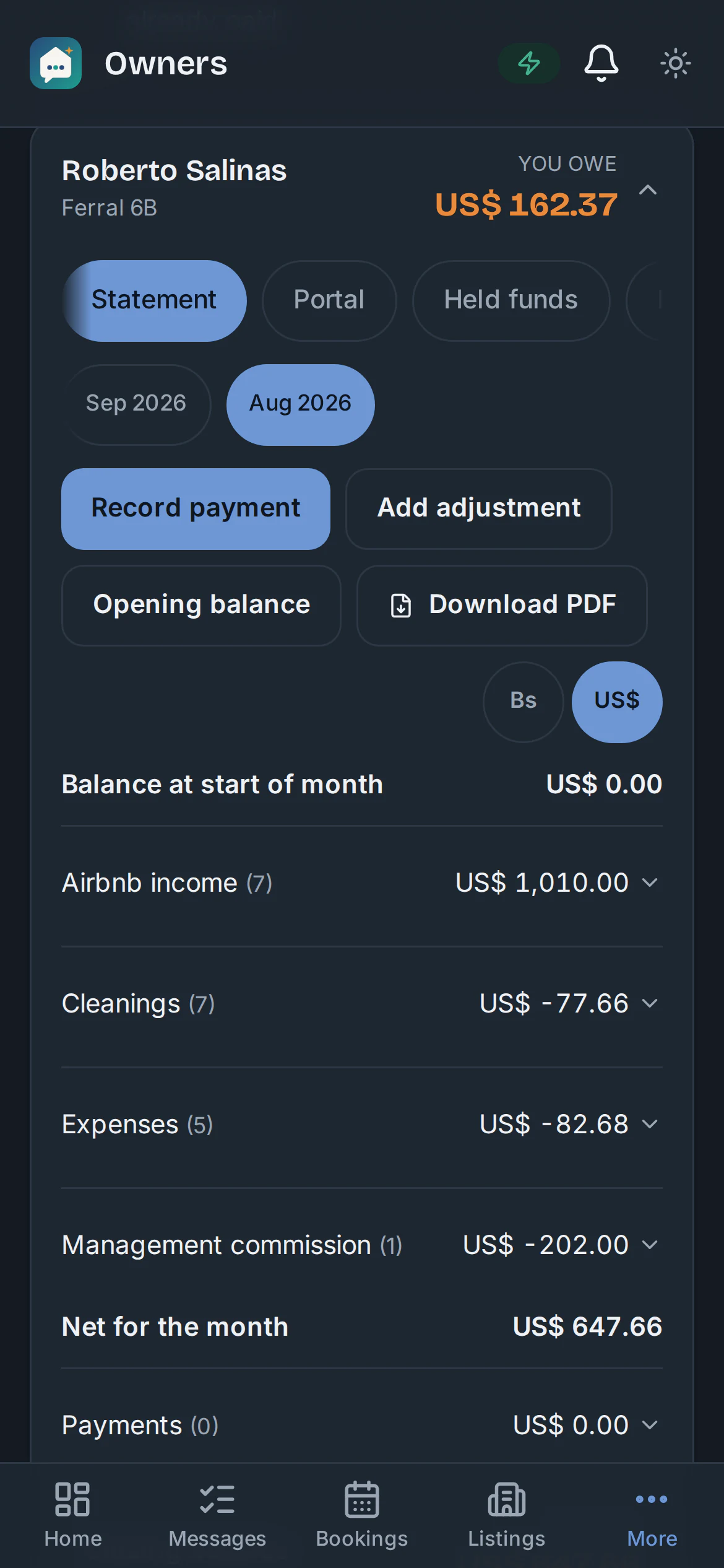 An owner's monthly statement with Airbnb income, cleanings, expenses, commission and net for the month