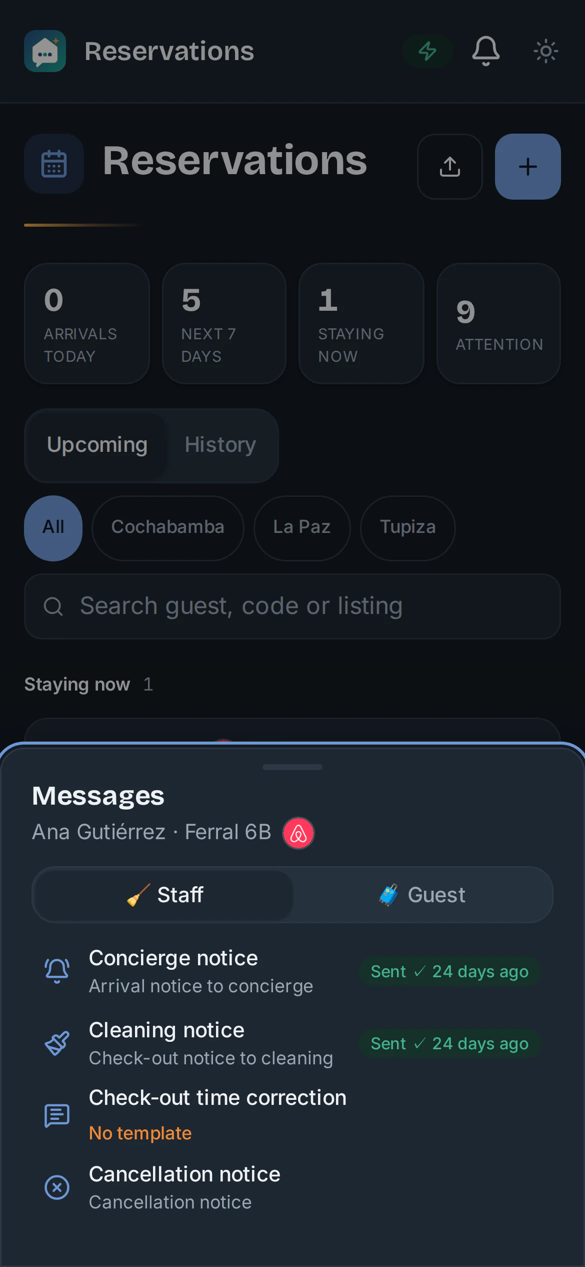 Ana Gutiérrez's booking at Ferral 6B with the alerts already sent to concierge and cleaning