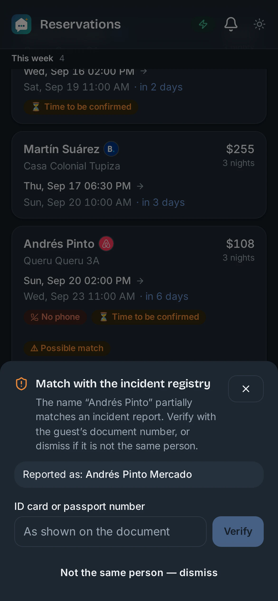 Andrés Pinto's booking flagged as a possible match with the incident log, with the panel to verify against the ID