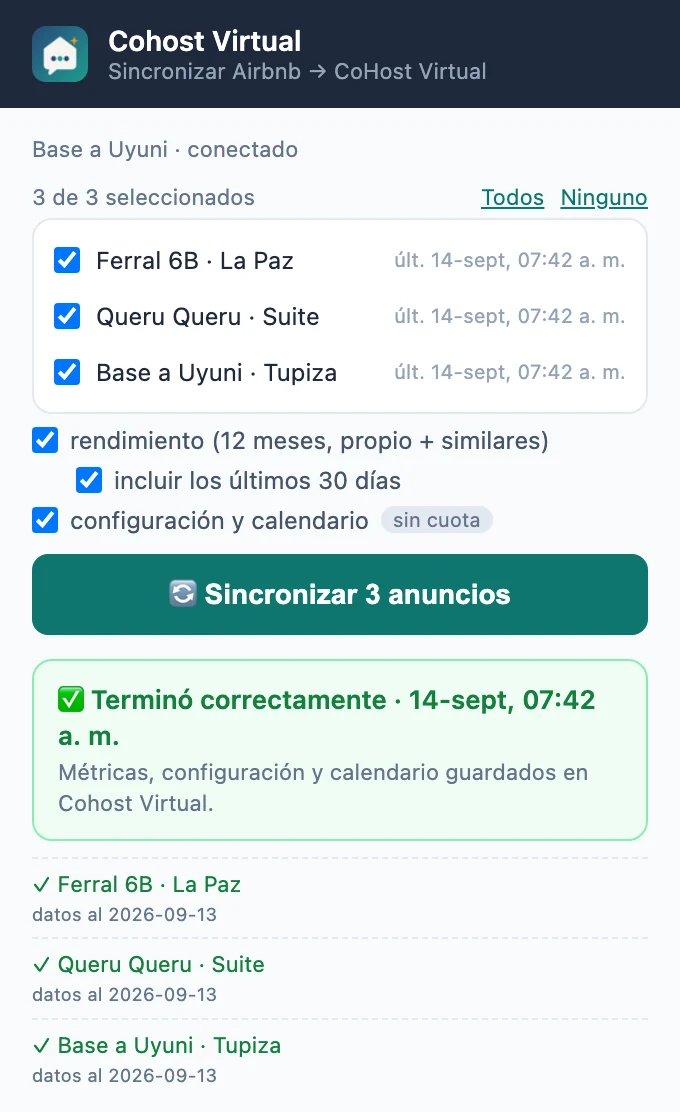 Cohost Virtual extension in Chrome: three listings synced with Airbnb, with 12-month performance, settings and calendar