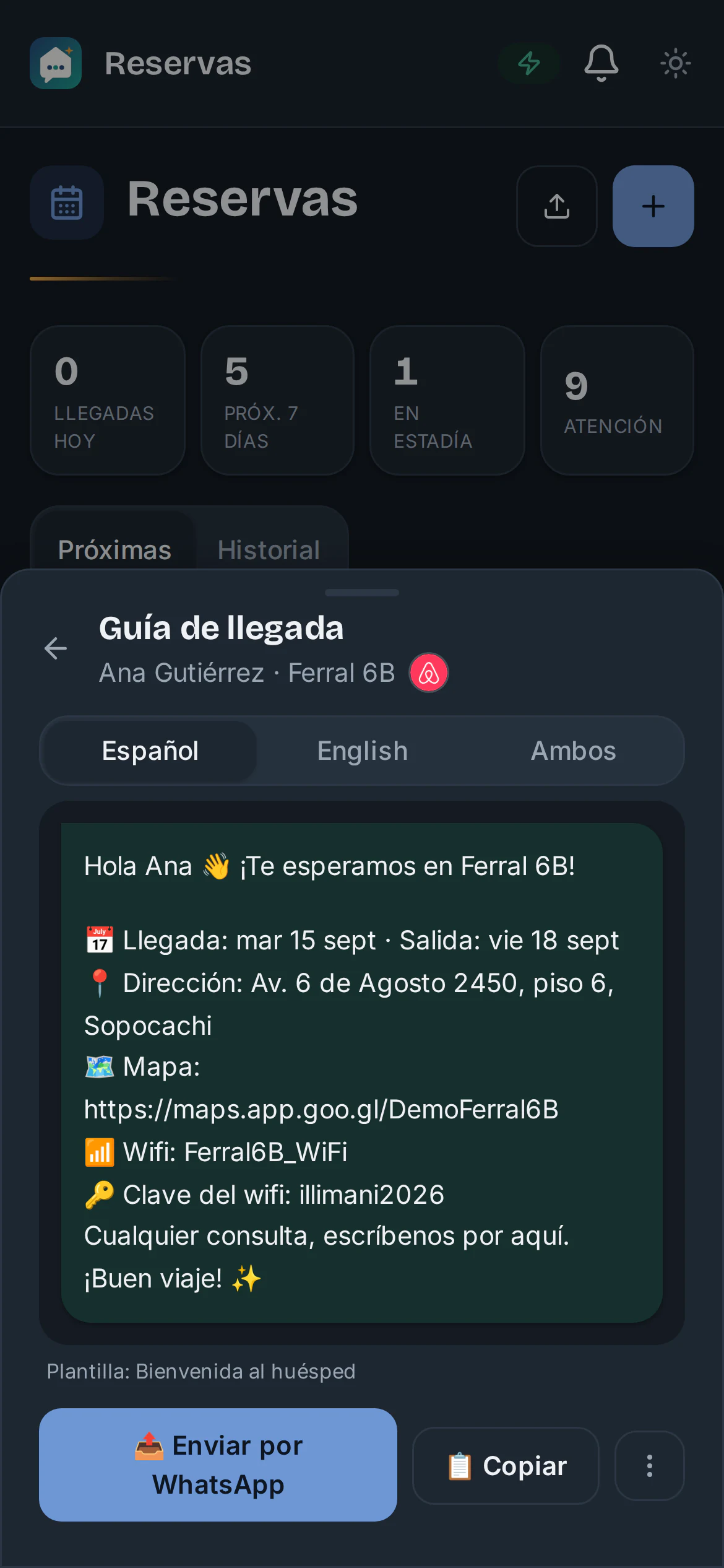 Guía de llegada para Ana Gutiérrez lista para enviar por WhatsApp, con selector Español, English o Ambos