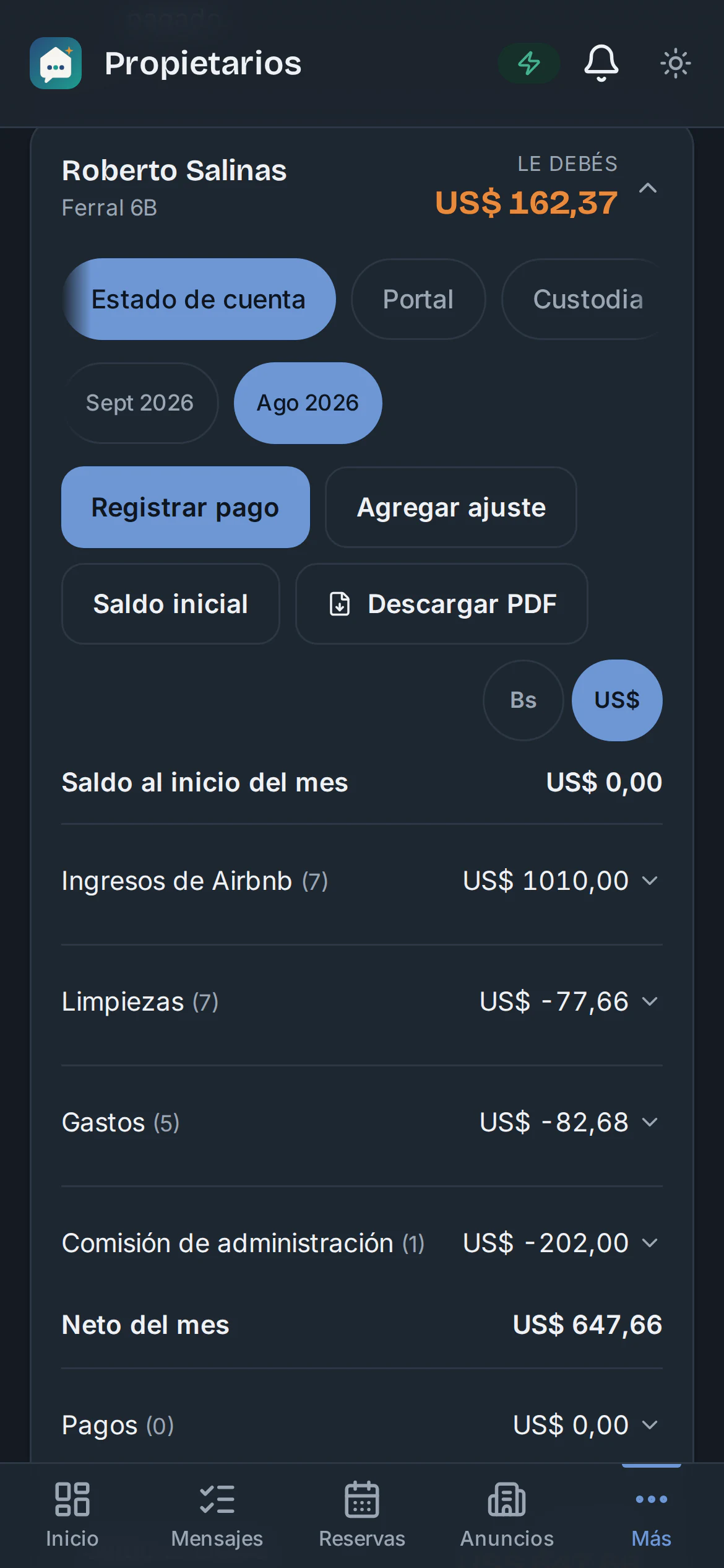 Estado de cuenta mensual de un propietario con ingresos de Airbnb, limpiezas, gastos, comisión y neto del mes