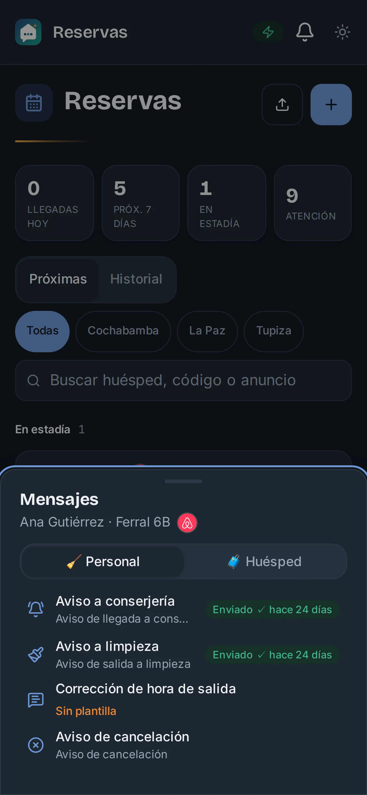 Reserva de Ana Gutiérrez en Ferral 6B con los avisos ya enviados a conserjería y limpieza
