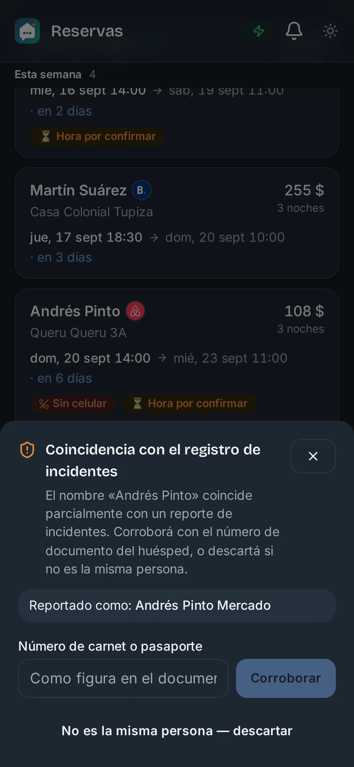 Reserva de Andrés Pinto marcada como posible coincidencia con el registro de incidentes, con el panel para corroborar con el documento